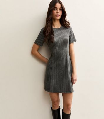 Grey Pinstriped Short Sleeve Mini Dress