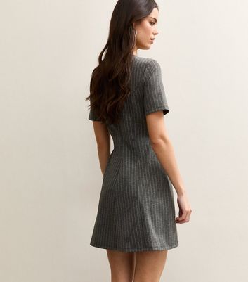 Grey Pinstriped Short Sleeve Mini Dress