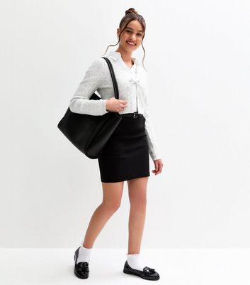 Girls Black Belted Stretch School Skirt