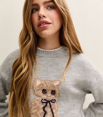 Girls Mid Grey Kitten Design Crew Neck Jumper