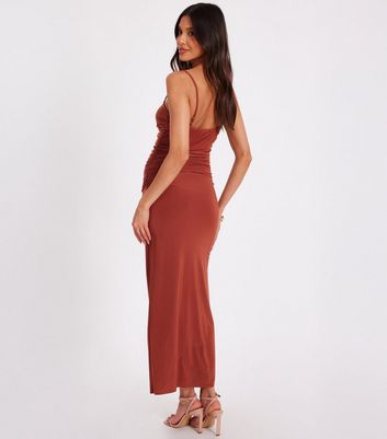 QUIZ Rust Knotted front Ruched Midi Dress