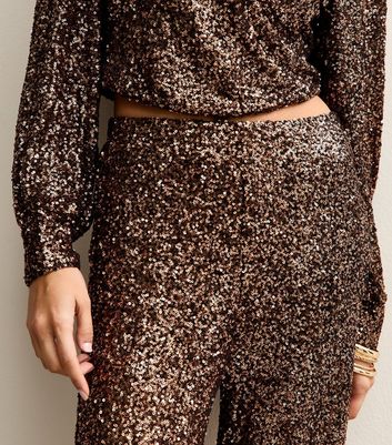 Mid Brown Sequin Soft Touch Wide Leg Trousers