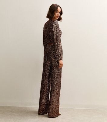 Mid Brown Sequin Soft Touch Wide Leg Trousers