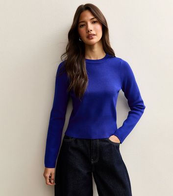 Bright Blue Ribbed Knit Crew Neck Jumper