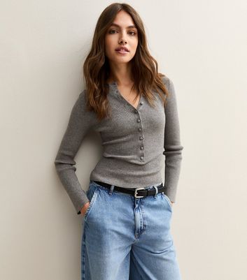 Light Grey Ribbed Knit Long Sleeve Button Up Jumper
