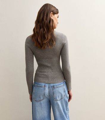 Light Grey Ribbed Knit Long Sleeve Button Up Jumper
