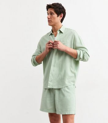 Green Regular Linen Blend Drawstring Waist Shorts