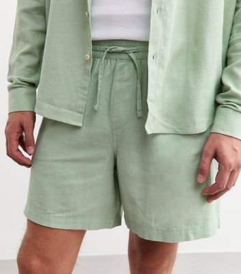 Green Regular Linen Blend Drawstring Waist Shorts