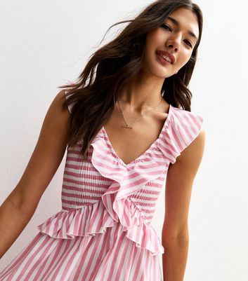 Pink Striped Print Ruffle Trim Shirred Mini Dress