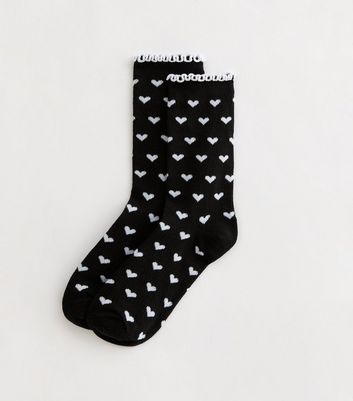 Black Heart Patterned Frill Trim Socks