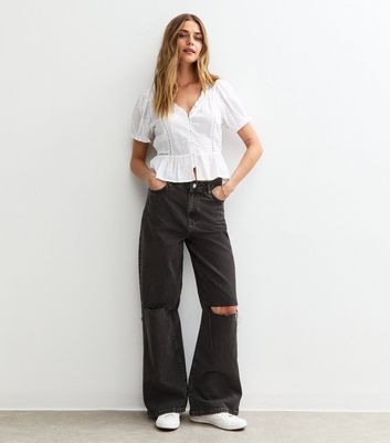 Black Ripped Knee Adalae Wide Leg Jeans