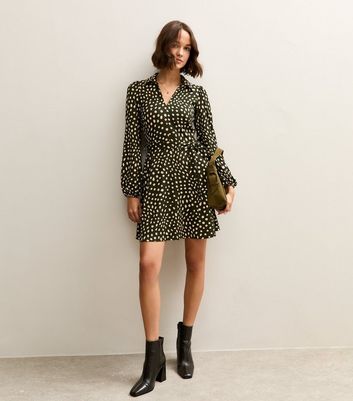 Green Spotty Crinkled Long Sleeve Mini Dress