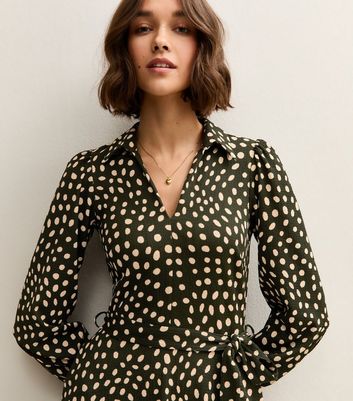 Green Spotty Crinkled Long Sleeve Mini Dress