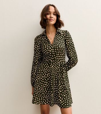 Green Spotty Crinkled Long Sleeve Mini Dress