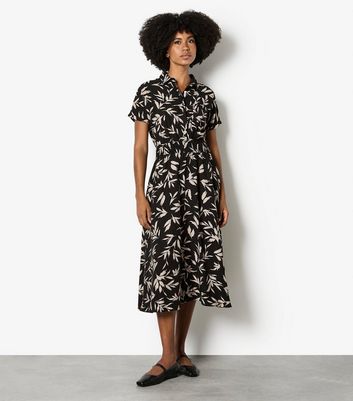 Apricot Black Leaf Shirt Midi Dress