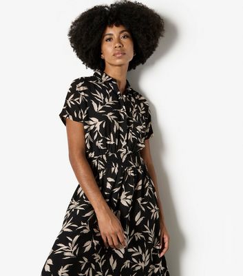 Apricot Black Leaf Shirt Midi Dress