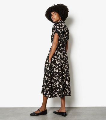 Apricot Black Leaf Shirt Midi Dress