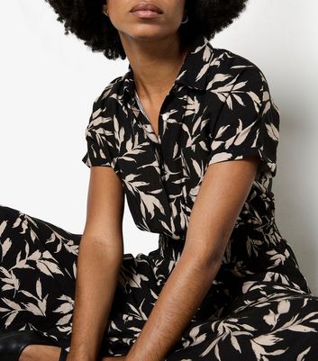 Apricot Black Leaf Shirt Midi Dress