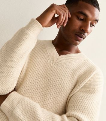 Cream Relaxed Long Sleeve V-Neck Jumper