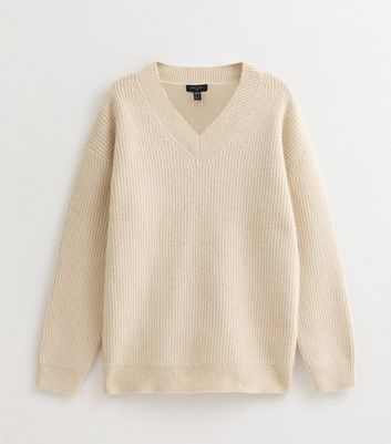 Cream Relaxed Long Sleeve V-Neck Jumper