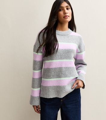 Grey Striped Crew Neck Jumper