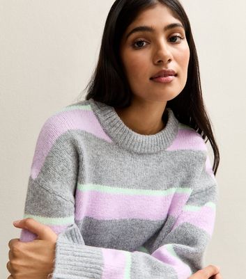 Grey Striped Crew Neck Jumper