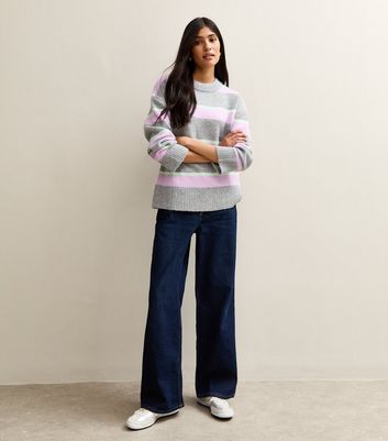 Grey Striped Crew Neck Jumper