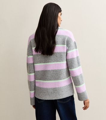 Grey Striped Crew Neck Jumper