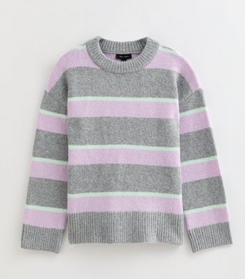 Grey Striped Crew Neck Jumper