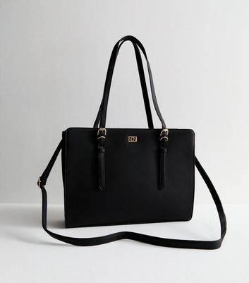 Black Faux Leather Boxy Laptop Tote Bag