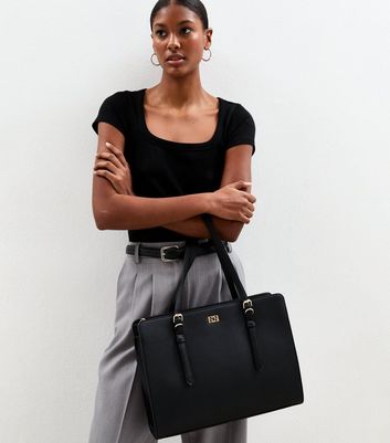 Black Faux Leather Boxy Laptop Tote Bag