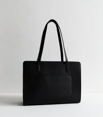 Black Faux Leather Boxy Laptop Tote Bag 4 Black Faux Leather Boxy Laptop Tote Bag