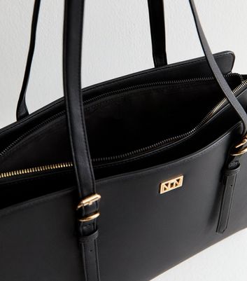 Black Faux Leather Boxy Laptop Tote Bag 5 Black Faux Leather Boxy Laptop Tote Bag