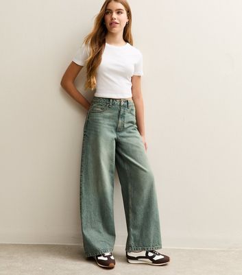 Girls Blue Distressed Wash Super Wide Leg Jeans