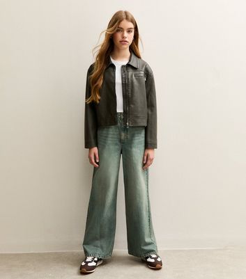 Girls Blue Distressed Wash Super Wide Leg Jeans