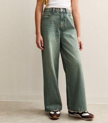 Girls Blue Distressed Wash Super Wide Leg Jeans