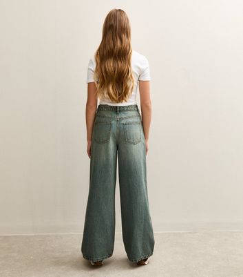 Girls Blue Distressed Wash Super Wide Leg Jeans