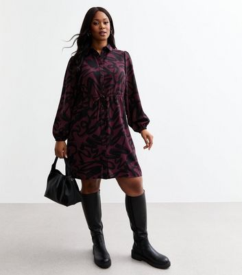Curves Burgundy Squiggle Print Mini Shirt Dress