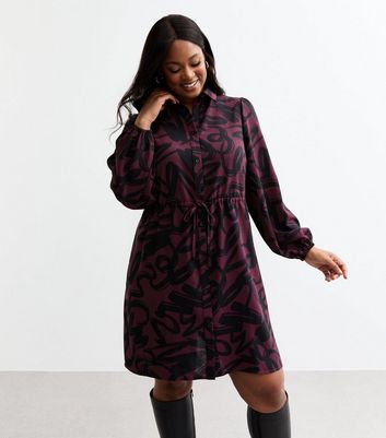 Curves Burgundy Squiggle Print Mini Shirt Dress