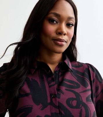 Curves Burgundy Squiggle Print Mini Shirt Dress