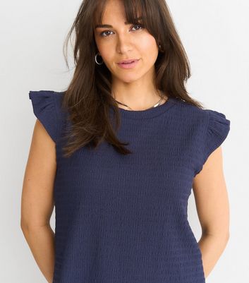 Gini London Blue Textured Frill Sleeve Top