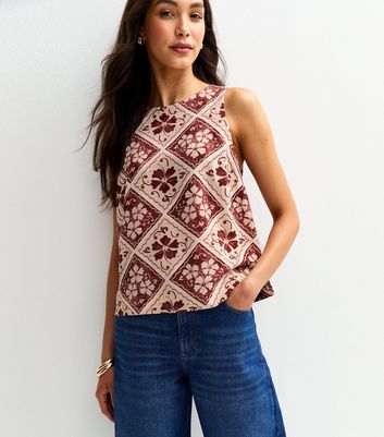 Brown Hibiscus Tile Print Sleeveless Top