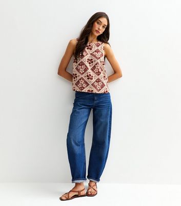 Brown Hibiscus Tile Print Sleeveless Top