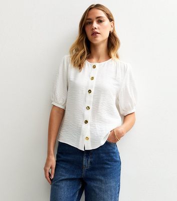 White Crew Neck Button Through Top