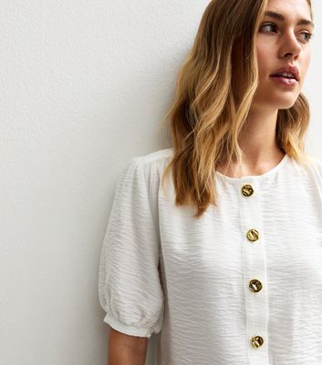 White Crew Neck Button Through Top