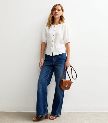 White Crew Neck Button Through Top