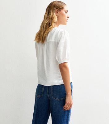 White Crew Neck Button Through Top