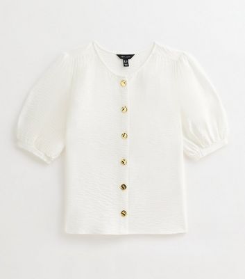 White Crew Neck Button Through Top