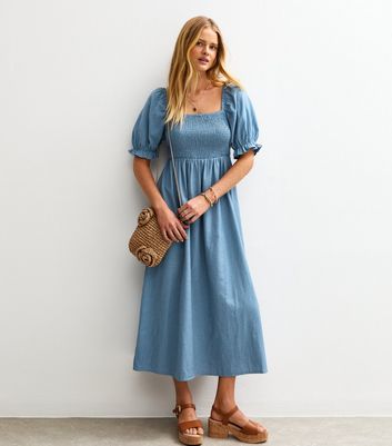 Blue Puff Sleeve Midi Dress