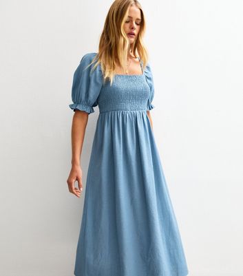 Blue Puff Sleeve Midi Dress